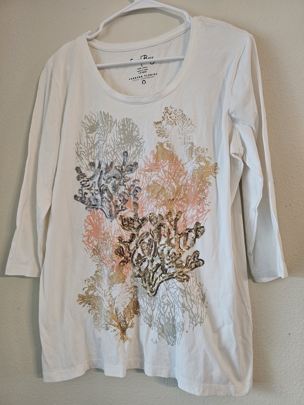 Coral Bay White Long Sleeve Tee with Coral and Gold Sequin Coral Motif